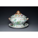 A Chinese Canton famille rose 'butterflies' tureen and cover on stand, 19th C.