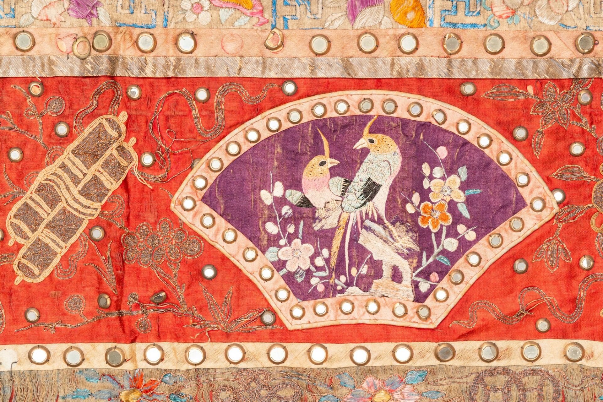 A large Chinese rectangular embroidered silk 'mythical animals' cloth, 19th C. - Image 9 of 12