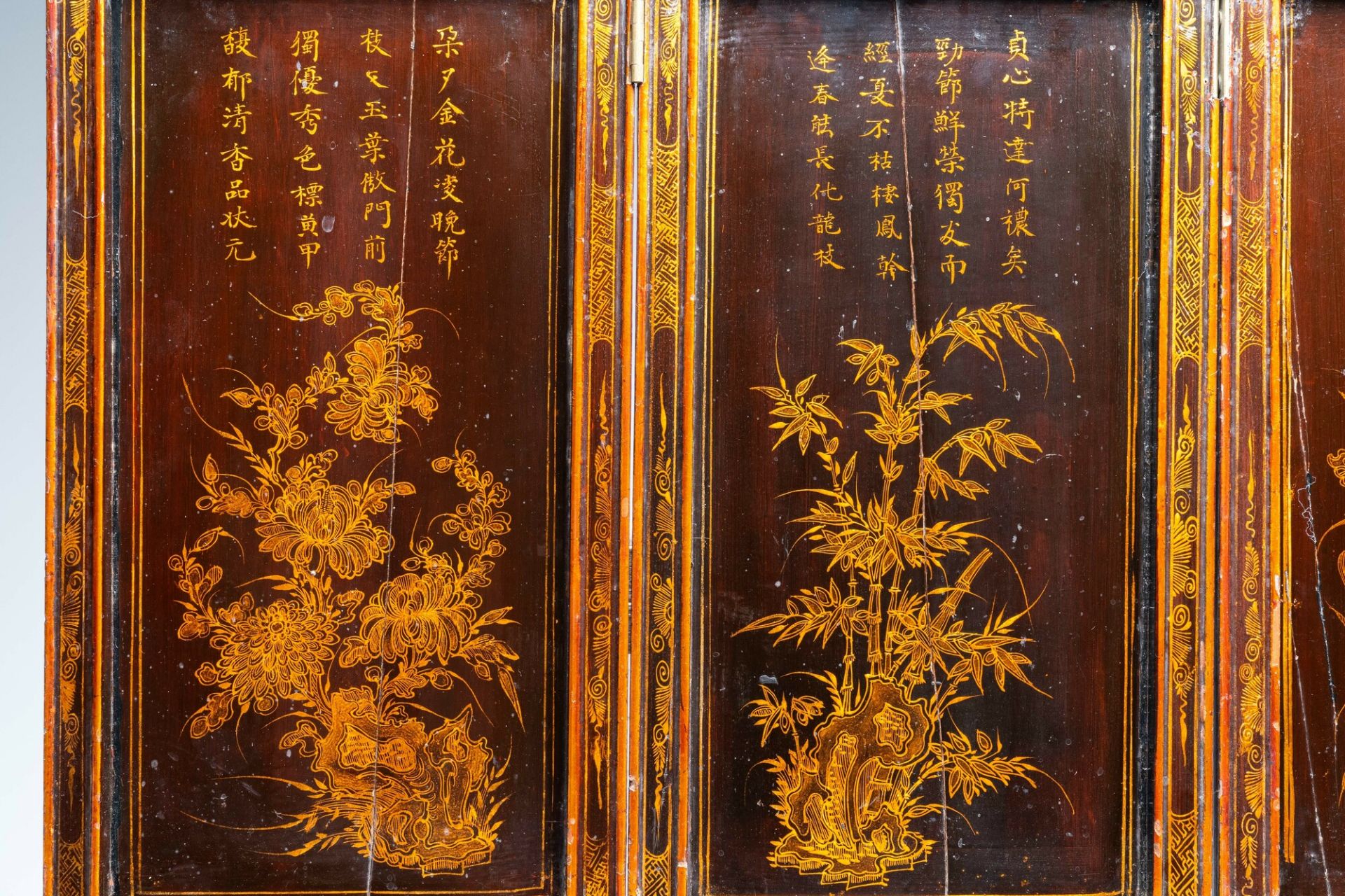 A Vietnamese five-panel lacquered wooden screen, 19th C. - Image 3 of 5