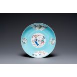 A Chinese turquoise-ground famille rose eggshell porcelain plate, Yongzheng mark and of the period