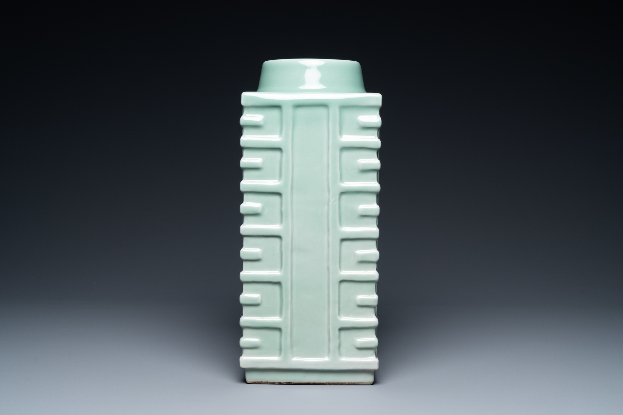 A Chinese monochrome celadon 'cong' vase with trigrams, Qianlong mark, Republic - Image 3 of 7