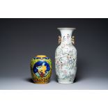 A Chinese two-sided design vase and a biscuit vase with mythical animals, 19/20th C.