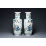 A pair of Chinese famille verte rouleau vases, Kangxi mark, 19th C.