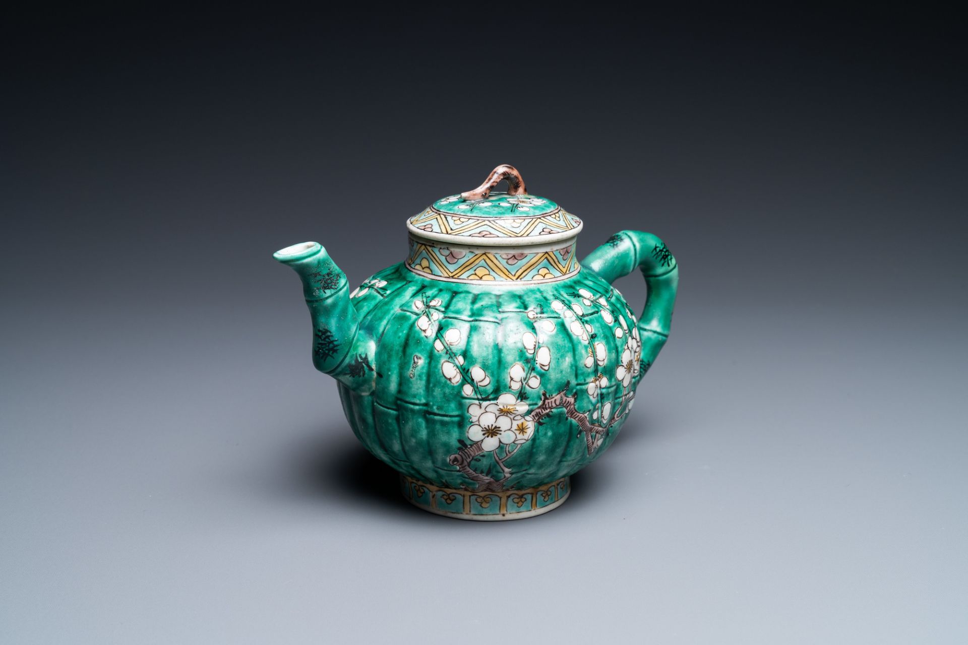 A Chinese ribbed verte biscuit teapot and cover, Kangxi - Image 7 of 9