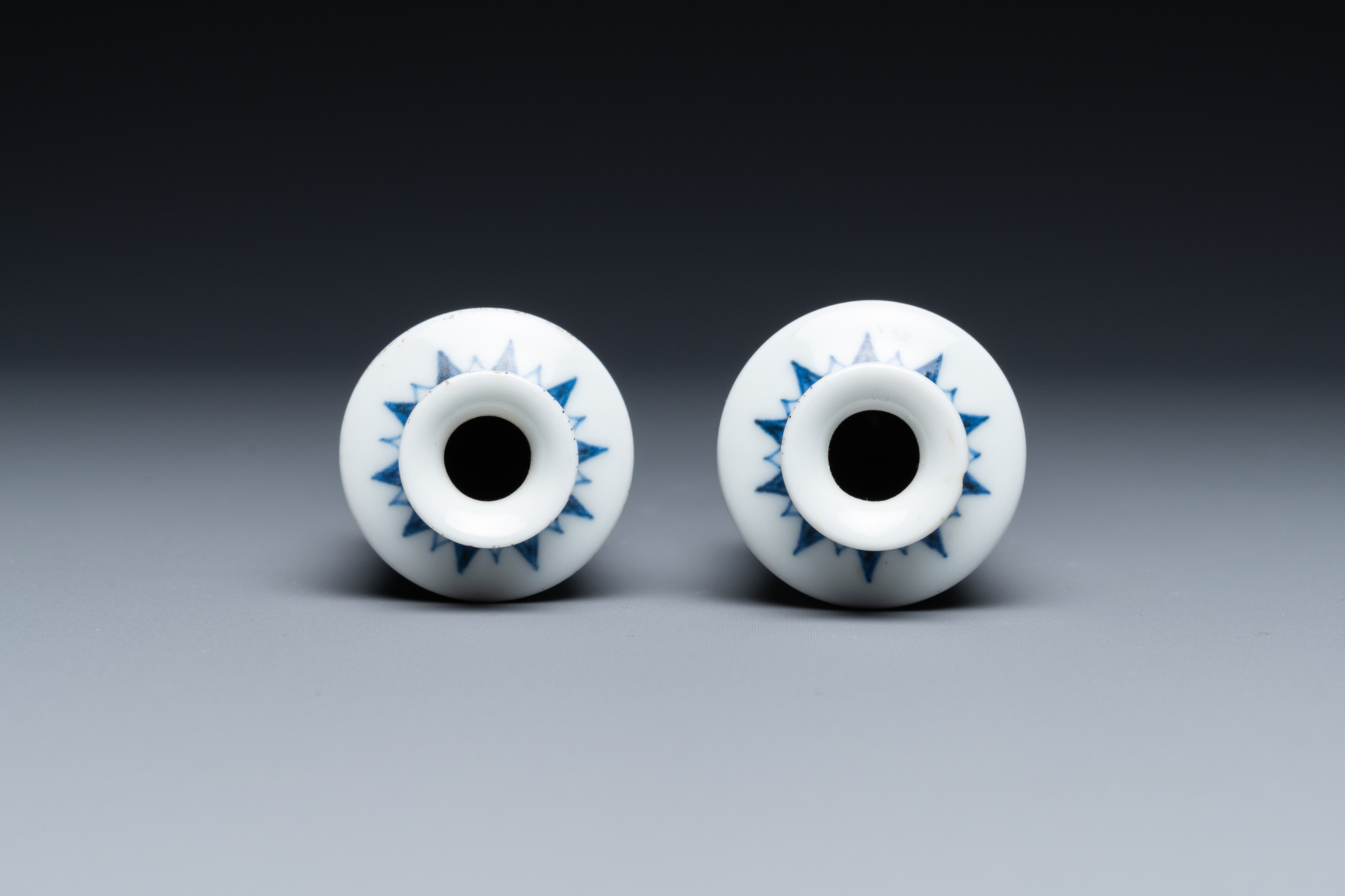 A pair of Chinese blue, white and copper-red miniature vases or snuff bottles, Qing Feng mark, 18/19 - Image 6 of 7