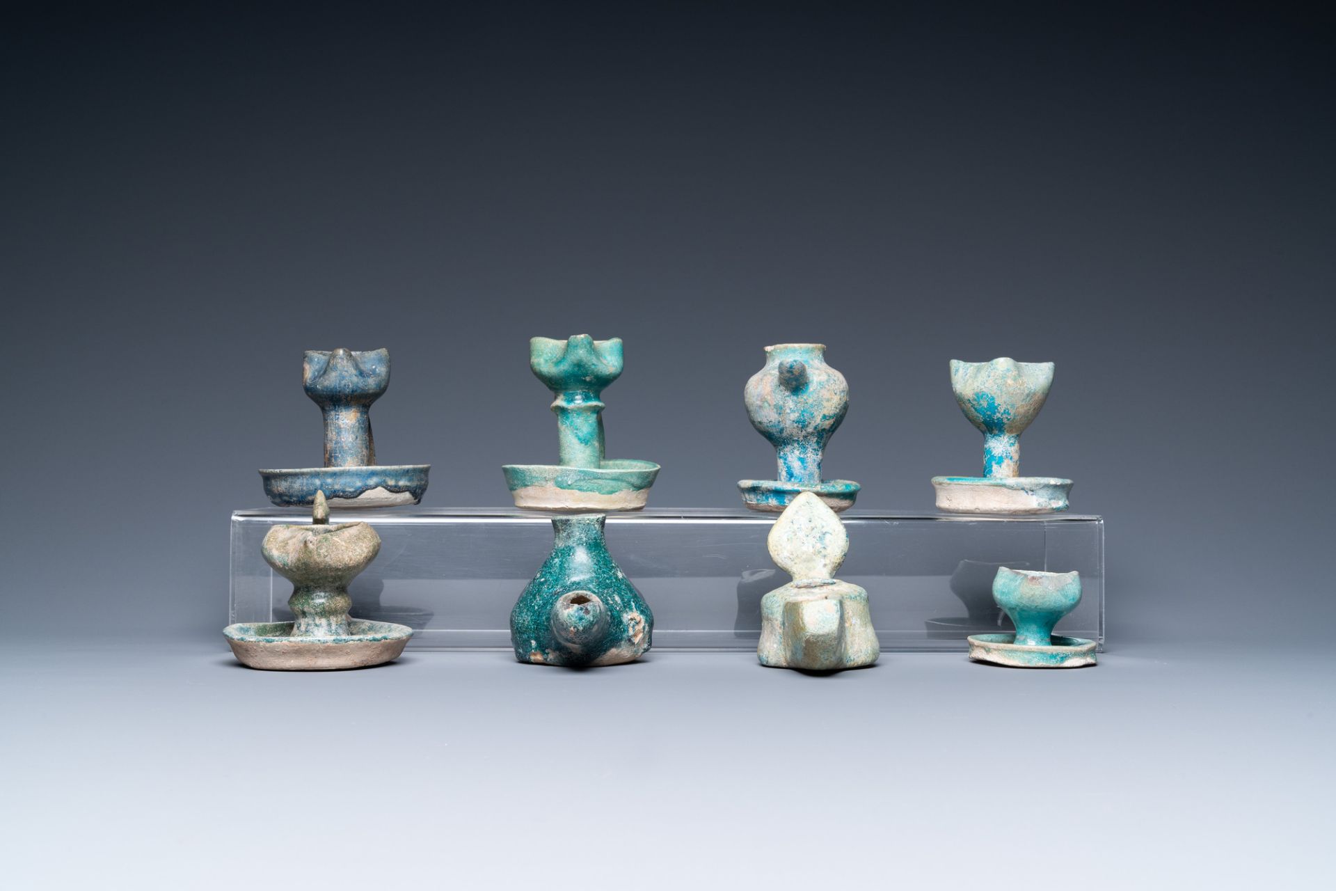 Eight turquoise-glazed oil lamps, Middle-East, 13th C. and later - Image 3 of 7