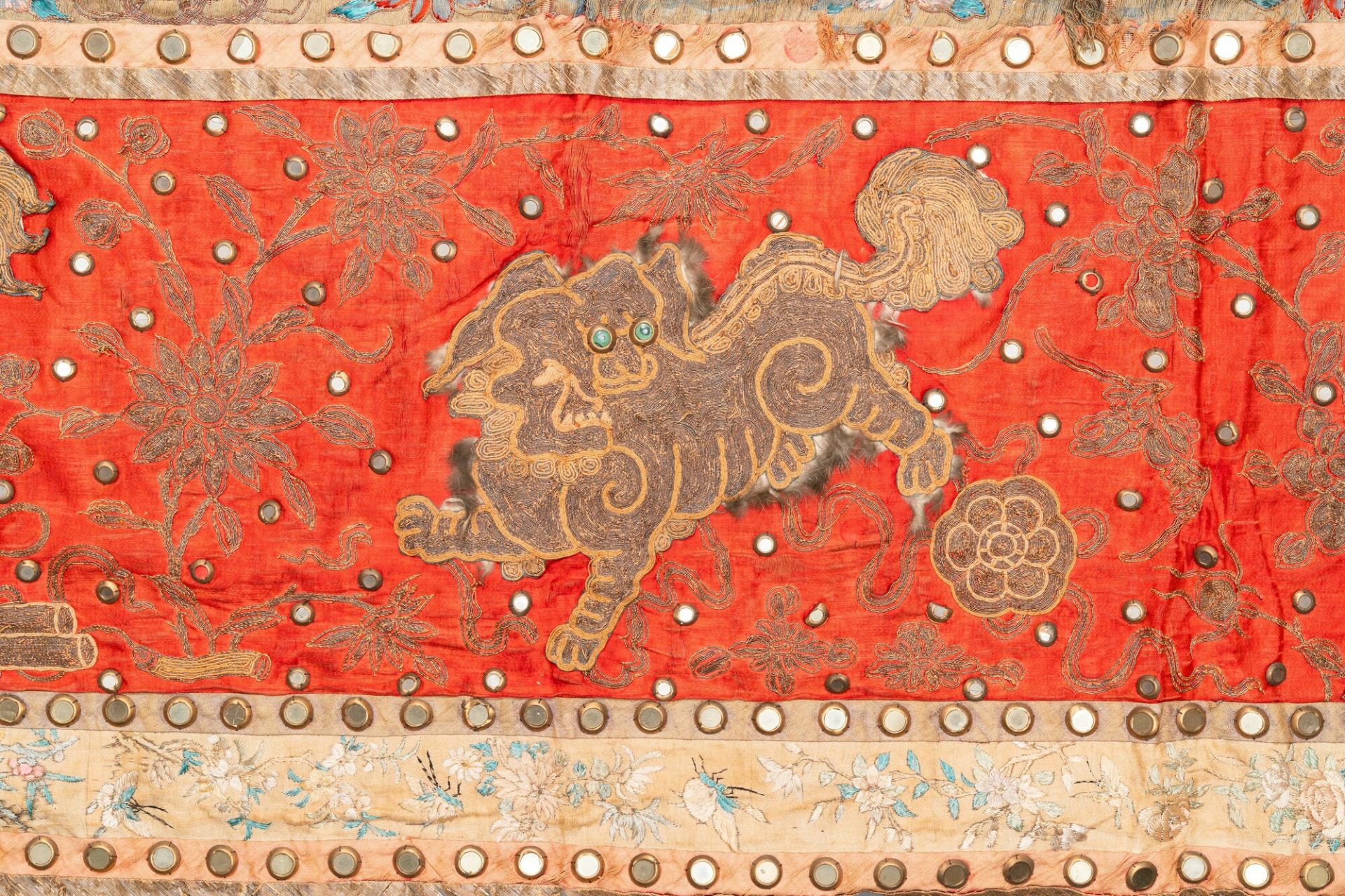 A large Chinese rectangular embroidered silk 'mythical animals' cloth, 19th C. - Image 3 of 12