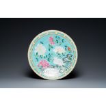 A large Chinese famille rose turquoise-ground dish, Guangxu mark and of the period