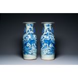 A pair of Chinese blue and white celadon-ground vases with rams, 19th C.