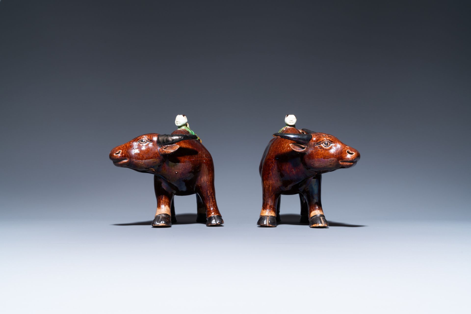 A pair of Chinese verte biscuit groups of boys riding buffaloes, Kangxi - Image 3 of 7