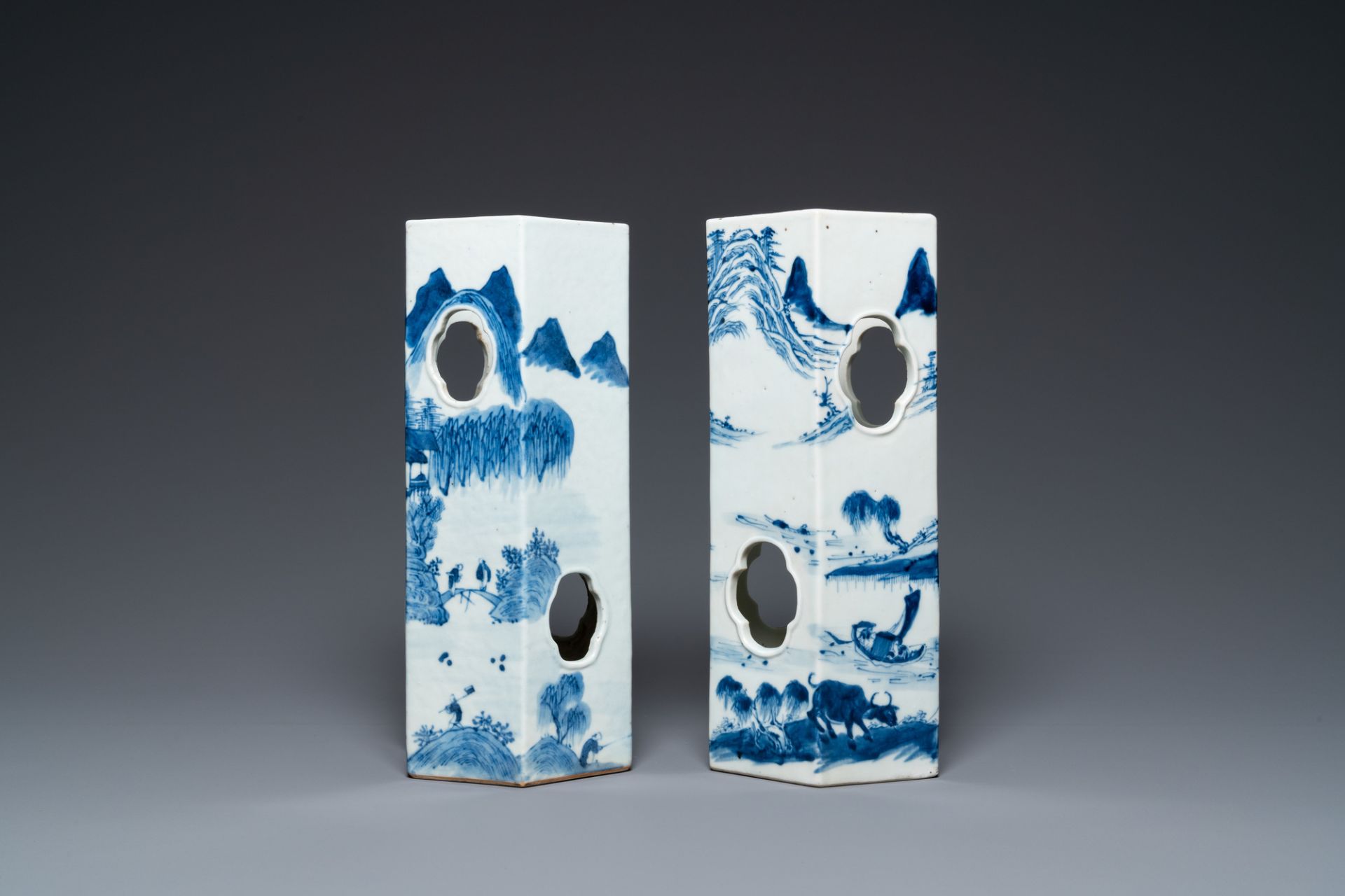 Two Chinese blue and white hexagonal hat stands with landscapes, 19th C. - Image 4 of 6