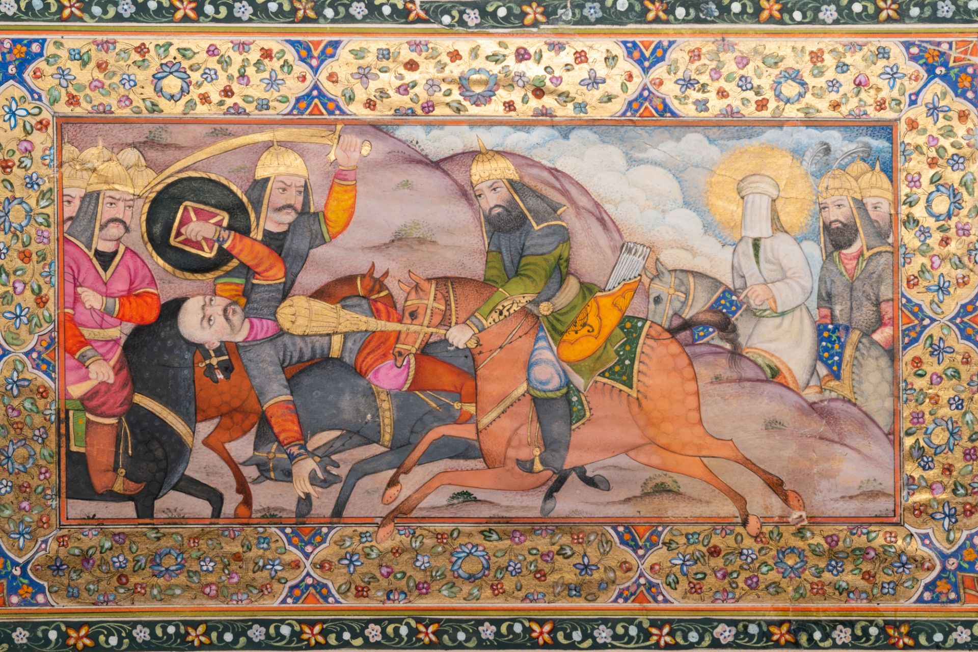 Qajar school miniature: 'The battle of Karbala', gouache and gilding on paper, Iran, 19/20th C. - Image 4 of 4