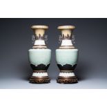 A pair of Chinese Nanking crackle-glazed vases on bronze stands, 19th C.