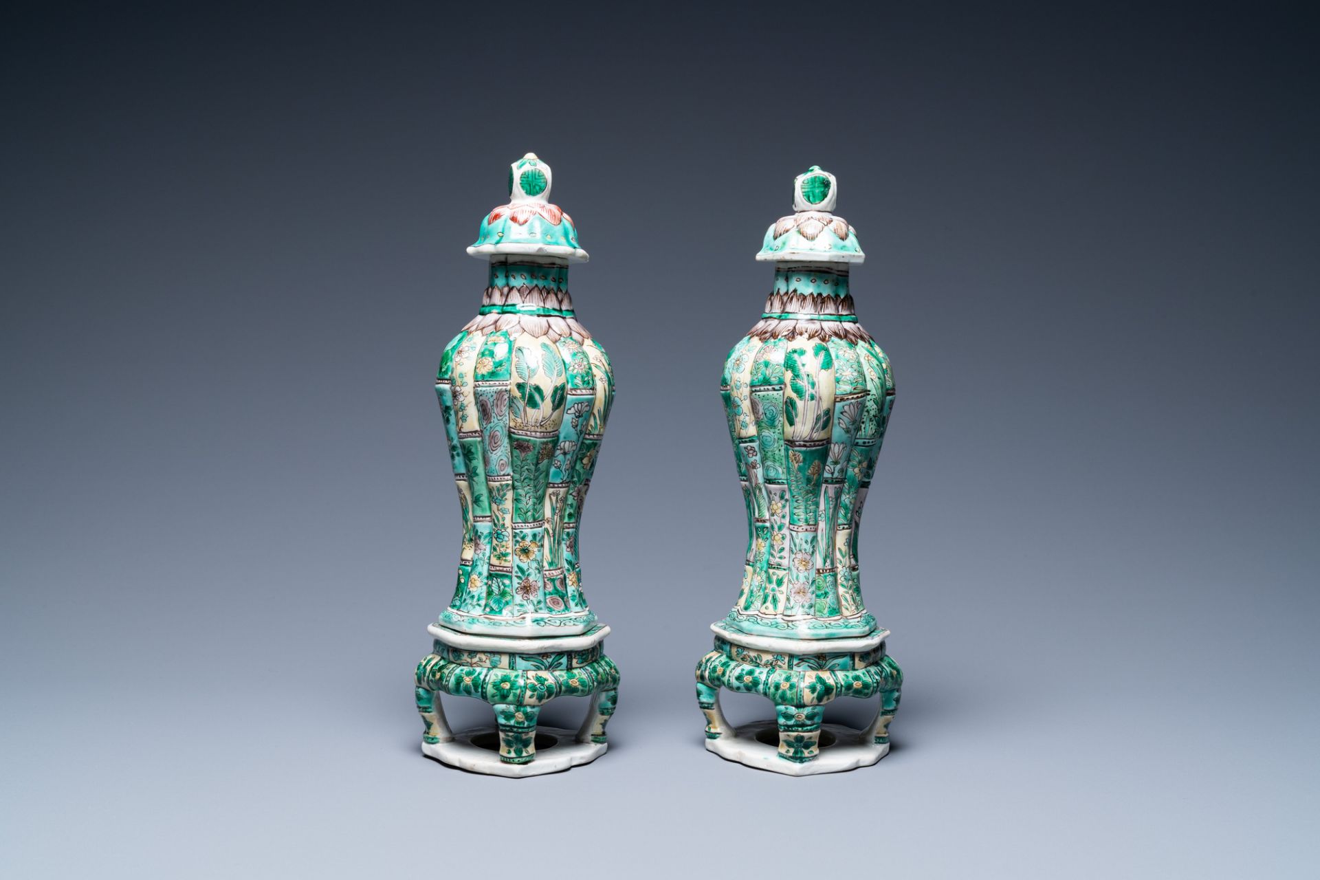 A pair of Chinese verte biscuit vases and covers on stands, Kangxi - Image 2 of 6