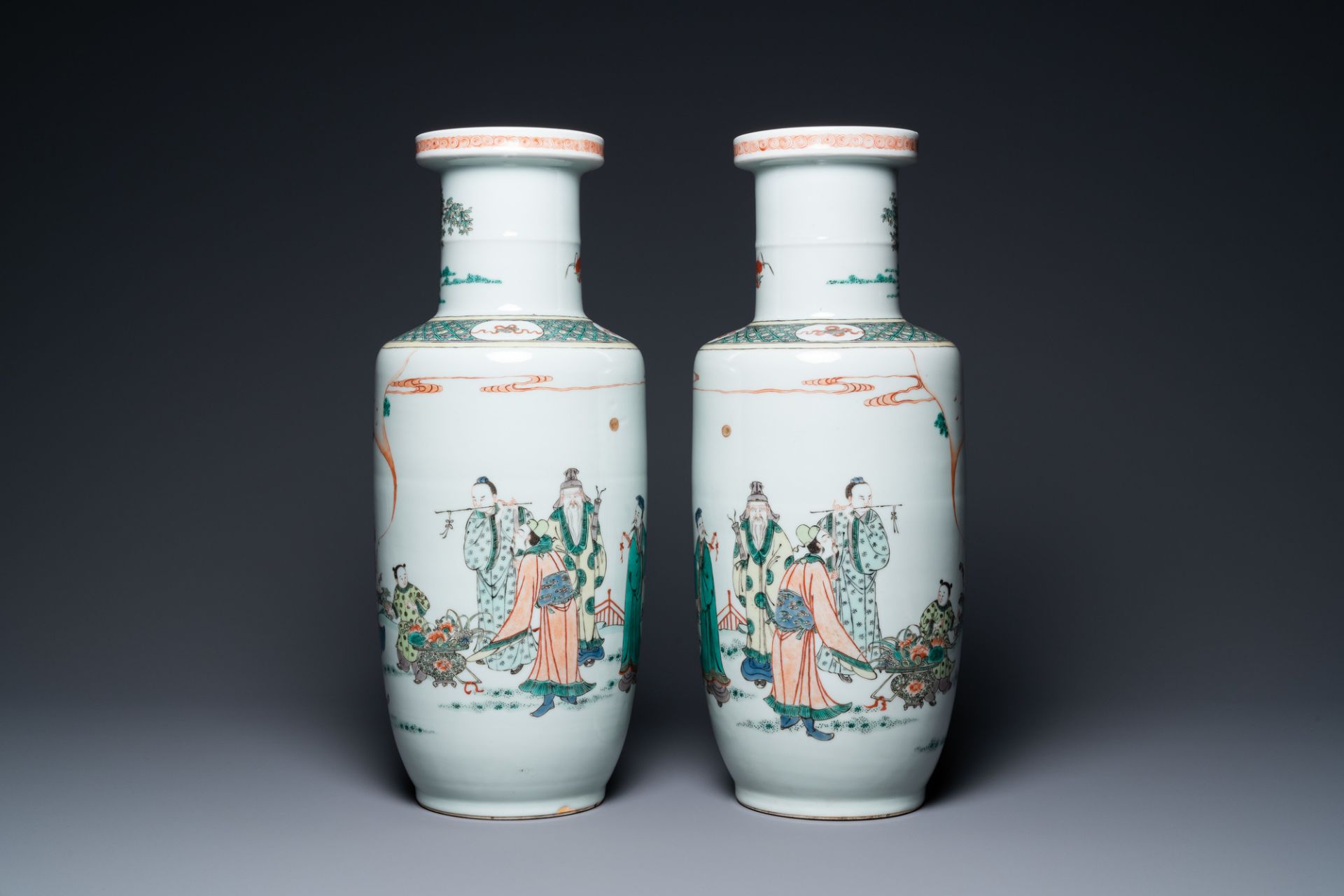 A pair of Chinese famille verte rouleau vases, Kangxi mark, 19th C. - Image 2 of 19