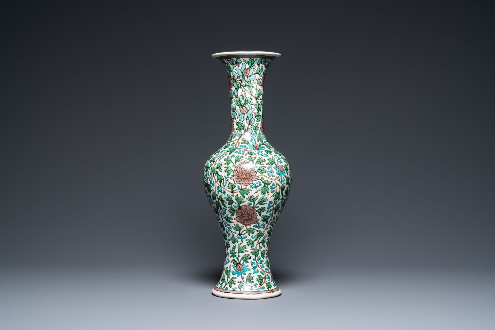 A Chinese verte biscuit 'peony scroll' vase, Ming - Image 3 of 6