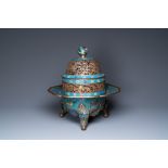 A large Chinese cloisonne tripod censer and cover, 19th C.