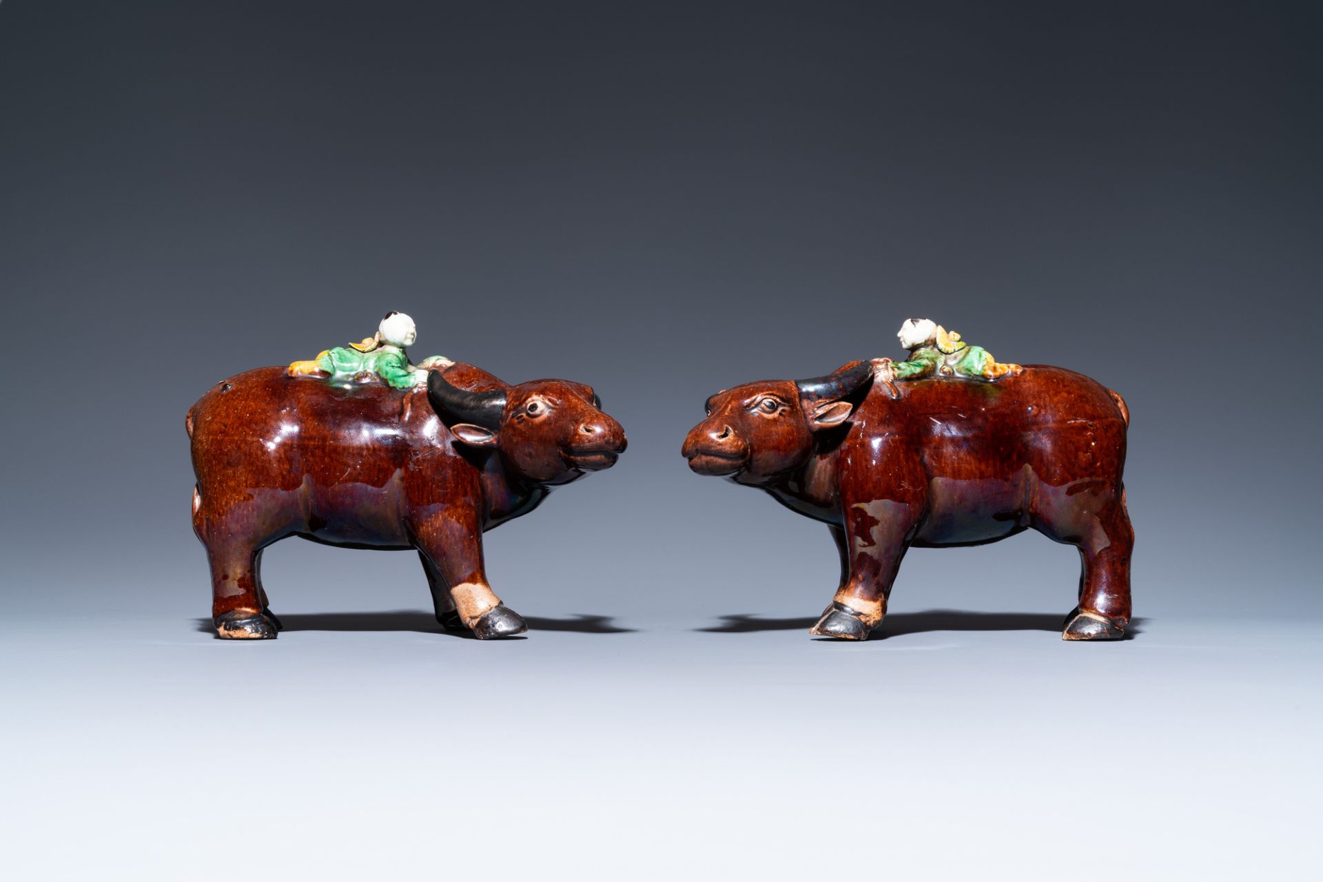 A pair of Chinese verte biscuit groups of boys riding buffaloes, Kangxi - Image 2 of 7