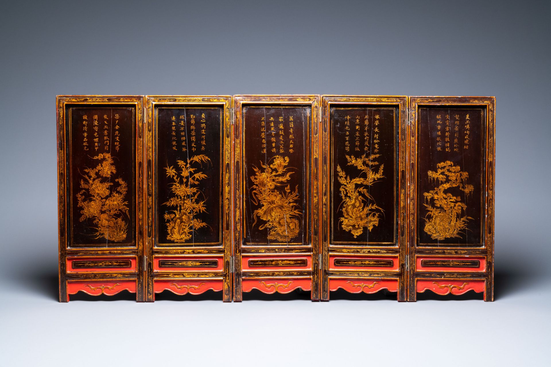 A Vietnamese five-panel lacquered wooden screen, 19th C.