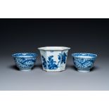 A Chinese hexagonal blue and white flower pot and two cups, Transitional period and later