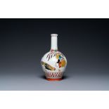 A Japanese Ko-Imari bottle vase in Ko-Kutani-style with a rooster, a hen and their chick, probably E