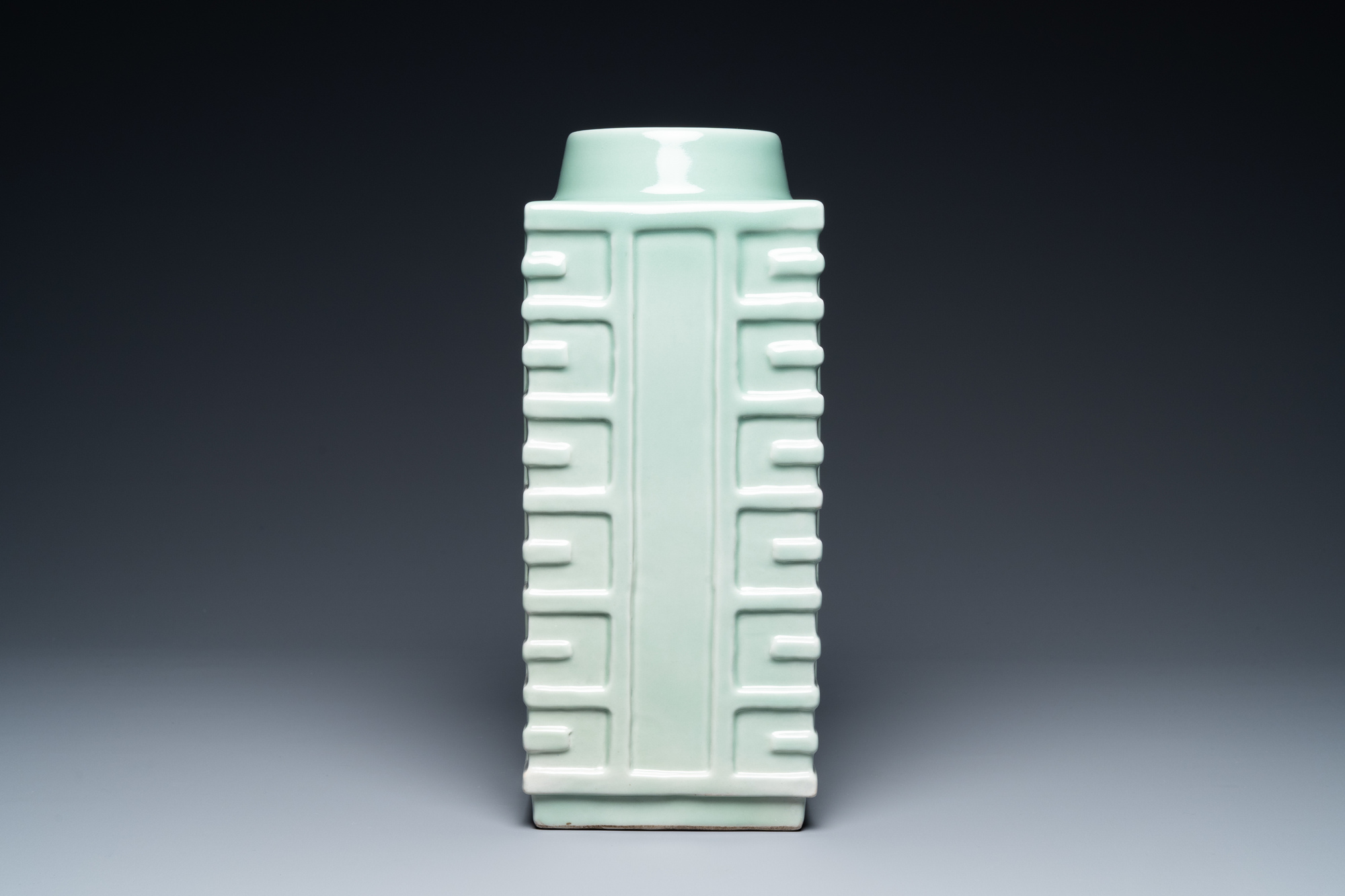 A Chinese monochrome celadon 'cong' vase with trigrams, Qianlong mark, Republic - Image 2 of 7