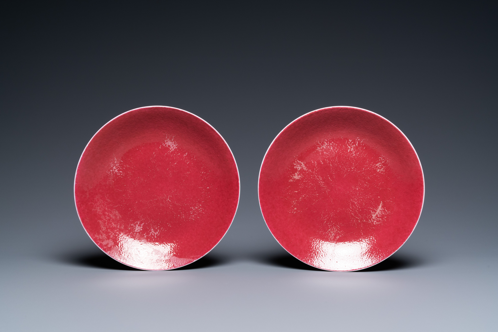 A pair of Chinese monochrome ruby red plates, Jiaqing mark and of the period - Image 2 of 3