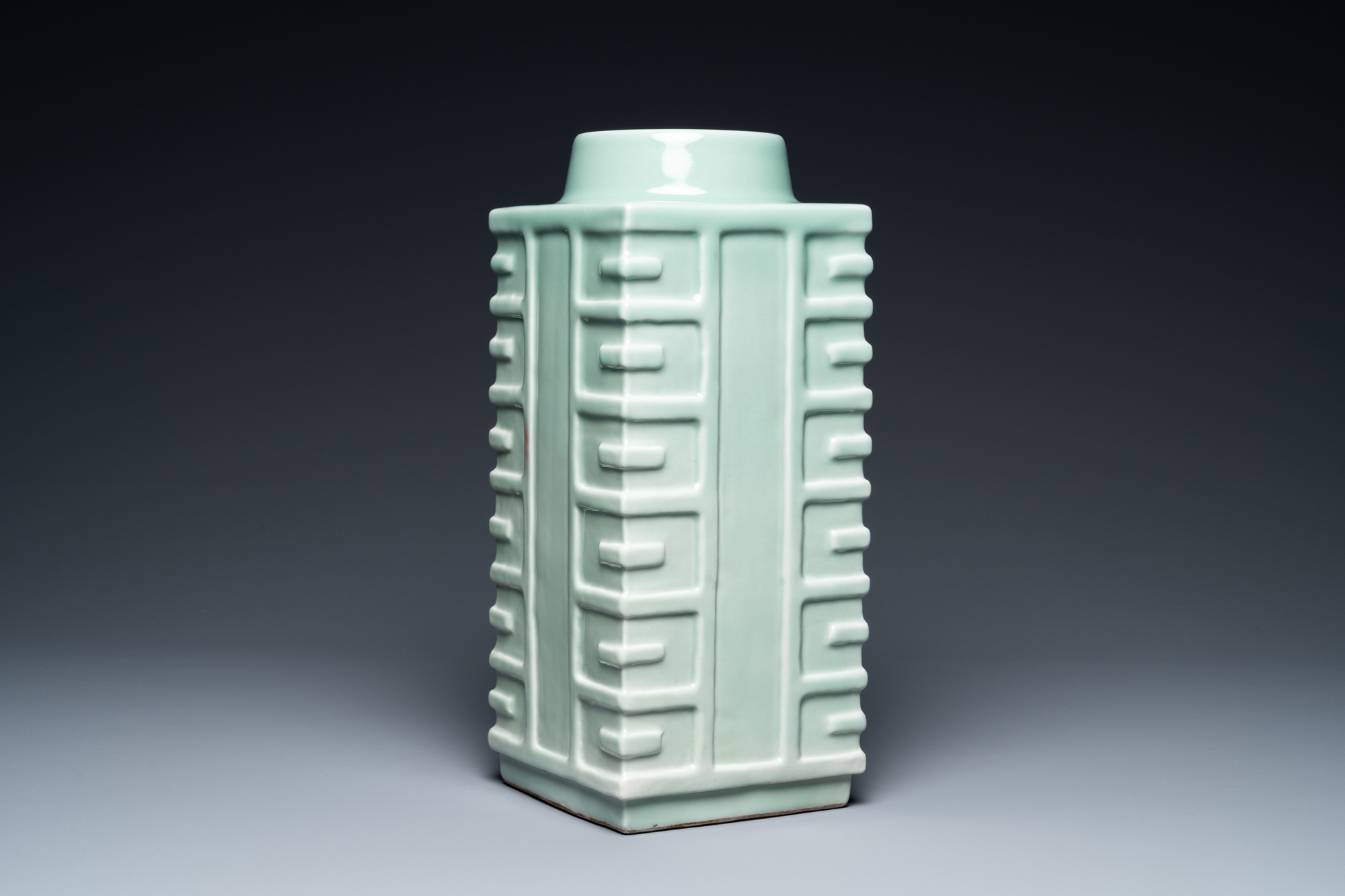 A Chinese monochrome celadon 'cong' vase with trigrams, Qianlong mark, Republic