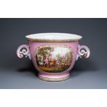 A large German porcelain jardinire with a harbour scene and a merrrymaking scene, probably Dresden,