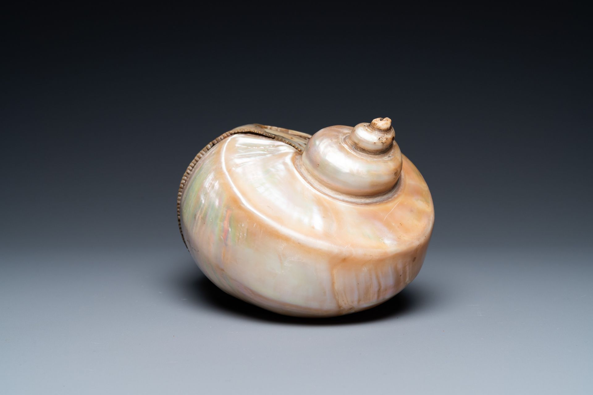 An Indo-Portuguese mother-of-pearl and nautilus shell powder horn, Gujarat, India, 17/18th C. - Image 5 of 9