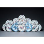 Sixteen Chinese blue and white, famille rose and Imari-style plates, Kangxi and later