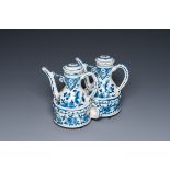 A Dutch Delft blue and white cruet set on stand, 18th C.