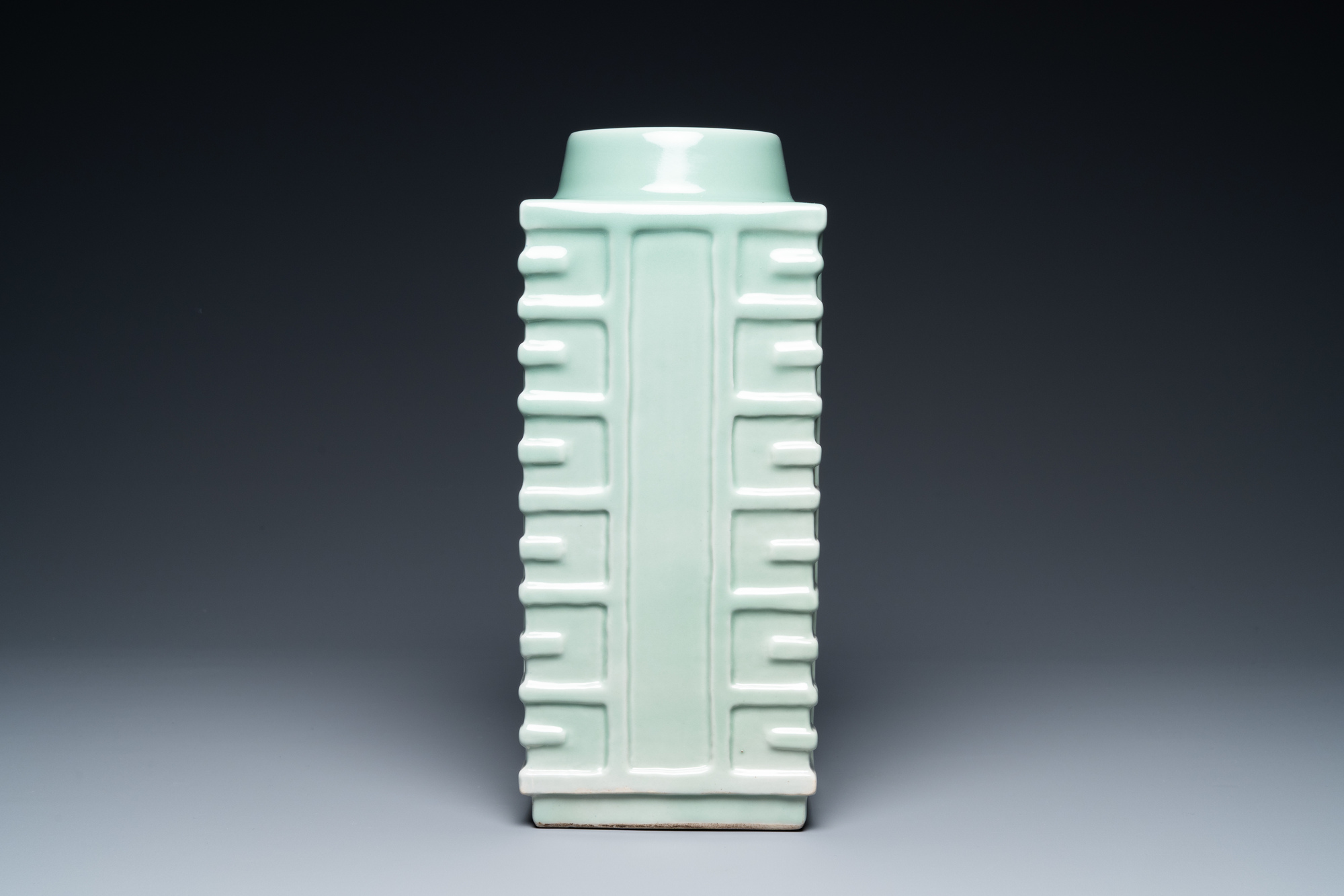 A Chinese monochrome celadon 'cong' vase with trigrams, Qianlong mark, Republic - Image 4 of 7