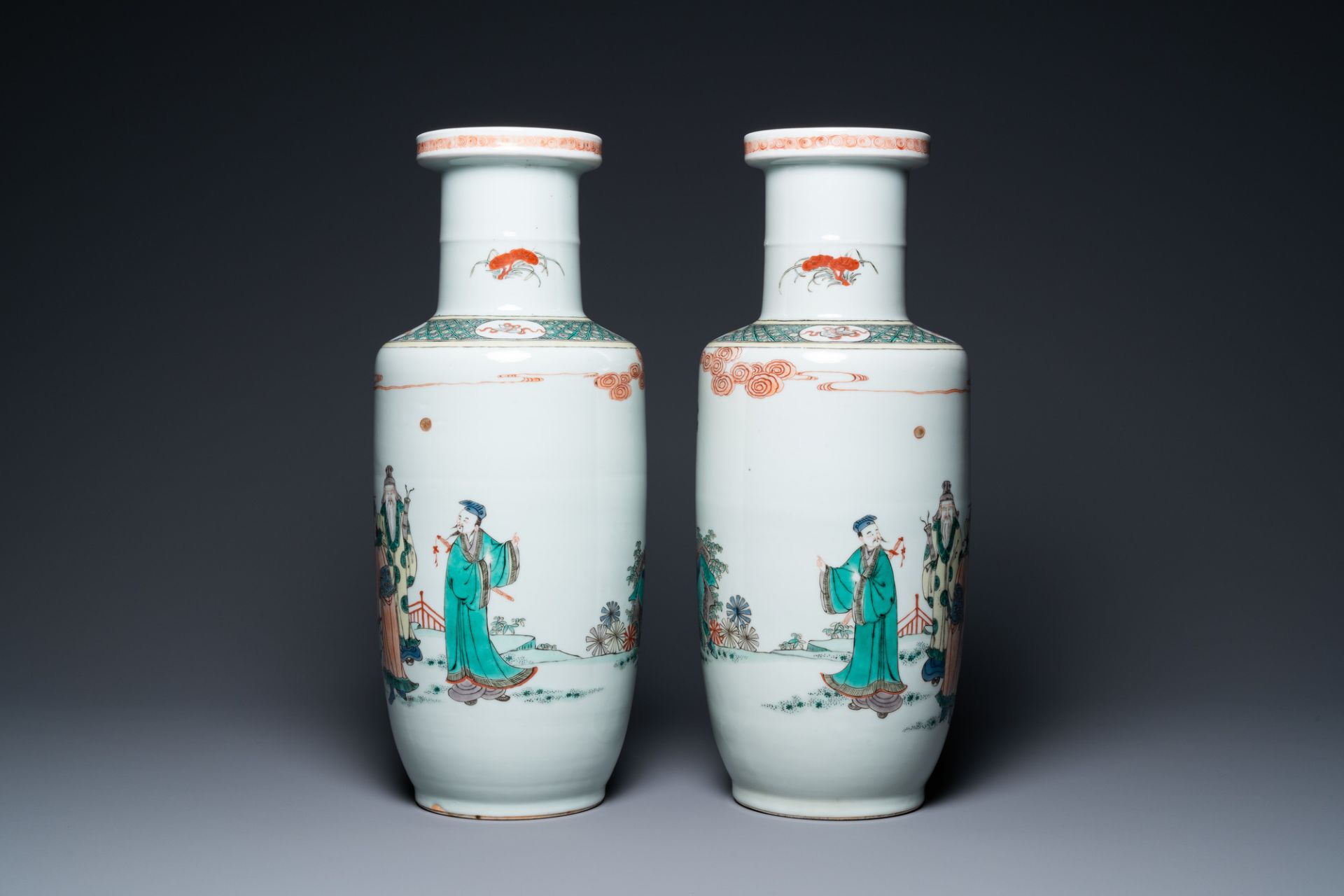 A pair of Chinese famille verte rouleau vases, Kangxi mark, 19th C. - Image 3 of 19