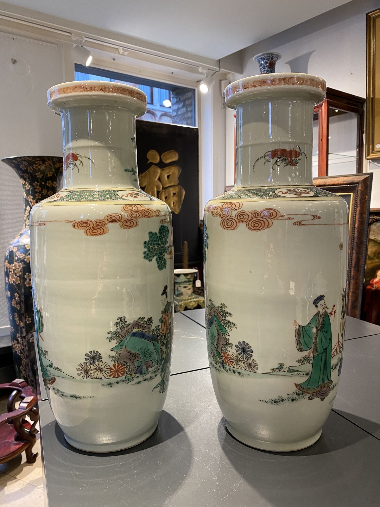 A pair of Chinese famille verte rouleau vases, Kangxi mark, 19th C. - Image 9 of 19