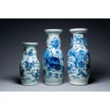 Three Chinese blue and white and celadon-ground 'Buddhist lion' vases, 19th C.