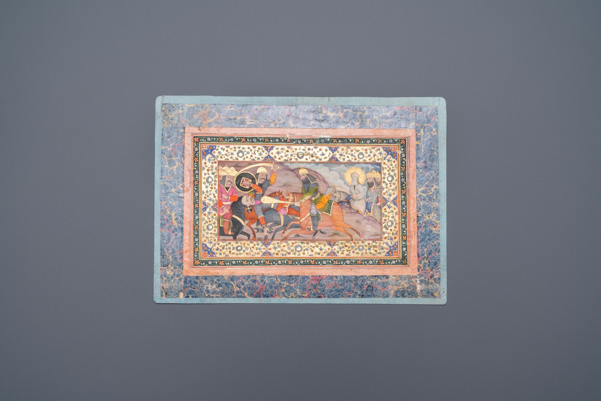 Qajar school miniature: 'The battle of Karbala', gouache and gilding on paper, Iran, 19/20th C. - Image 2 of 4