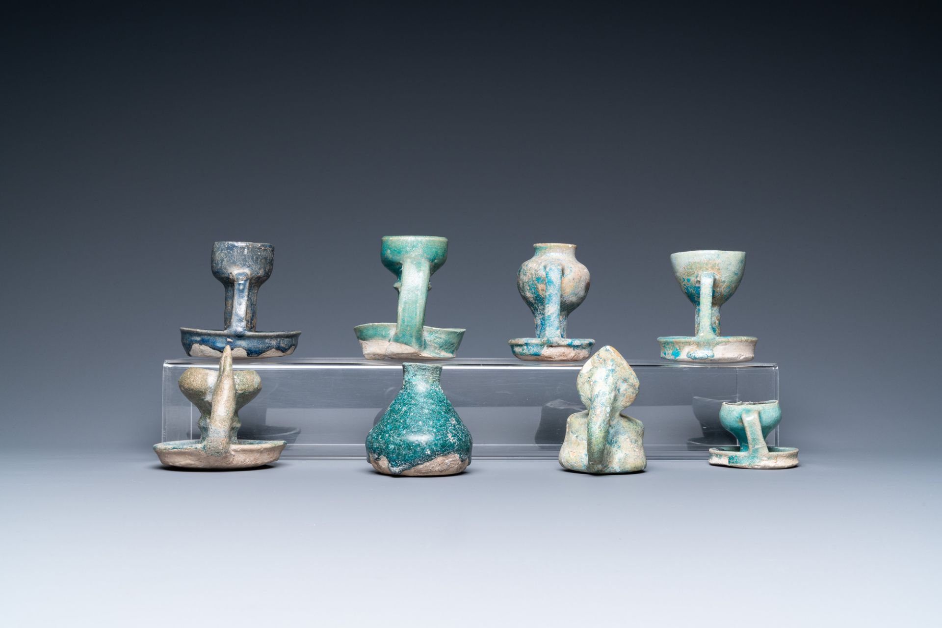 Eight turquoise-glazed oil lamps, Middle-East, 13th C. and later - Image 5 of 7