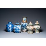 Five Chinese blue, white and famille verte vases, 19/20th C.