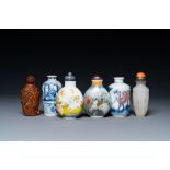 Six Chinese glass, porcelain, bamboo and agate snuff bottles, 19/20th C.