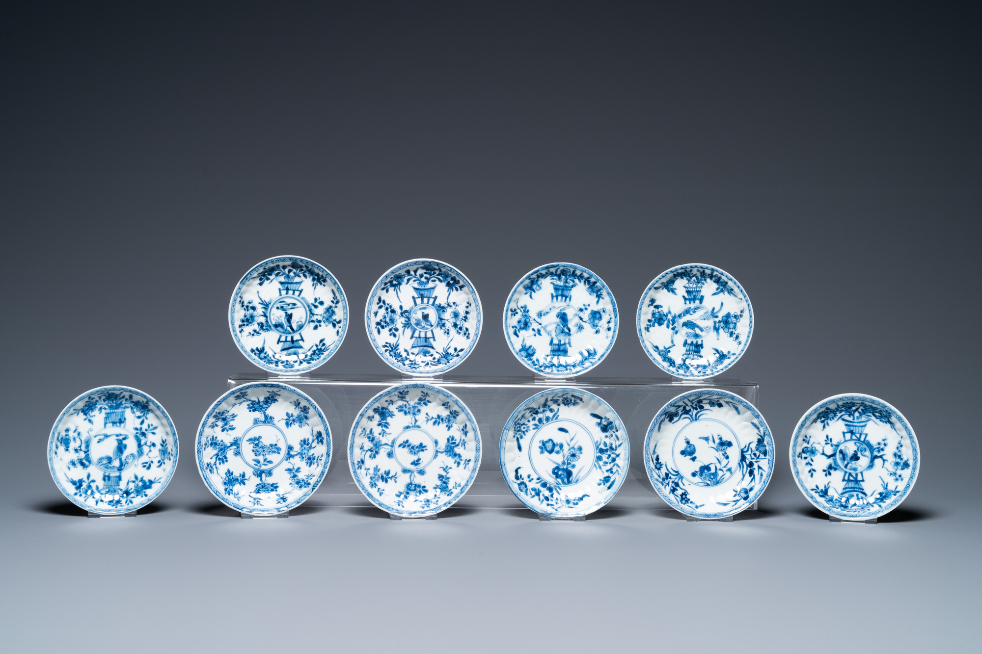 Ten Chinese blue and white saucers and nine cups, Kangxi - Image 2 of 11