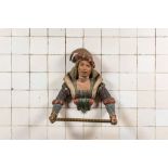 A rare polychromed wooden towel rack in the shape of a noble lady, 19th C.