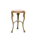 A round polychrome cast iron side table with mascarons and marble top, ca. 1900