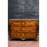 A French mahogany veneered gilt bronze mounted chest of drawers with marble top, 18th C.