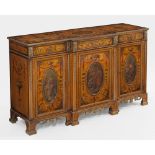 A large and finely painted English rosewood veneered satinwood sideboard with gilt bronze mounts, la