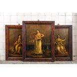 European school: Three panels depicting devote muzes, oil on panel, 19th C.