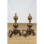 A pair of bronze andirons with lion heads and winged horses, 19/20th C.