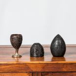 A carved coconut cup on silvered stand and two goblets, French colonies, 19th C.