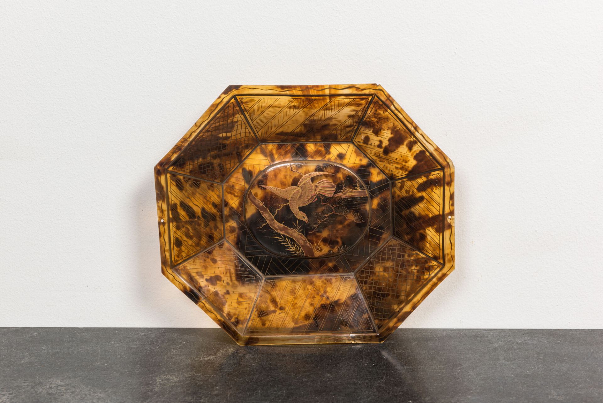 A Japanese octagonal lacquered tortoise veneer bowl, Meiji, 19th C.