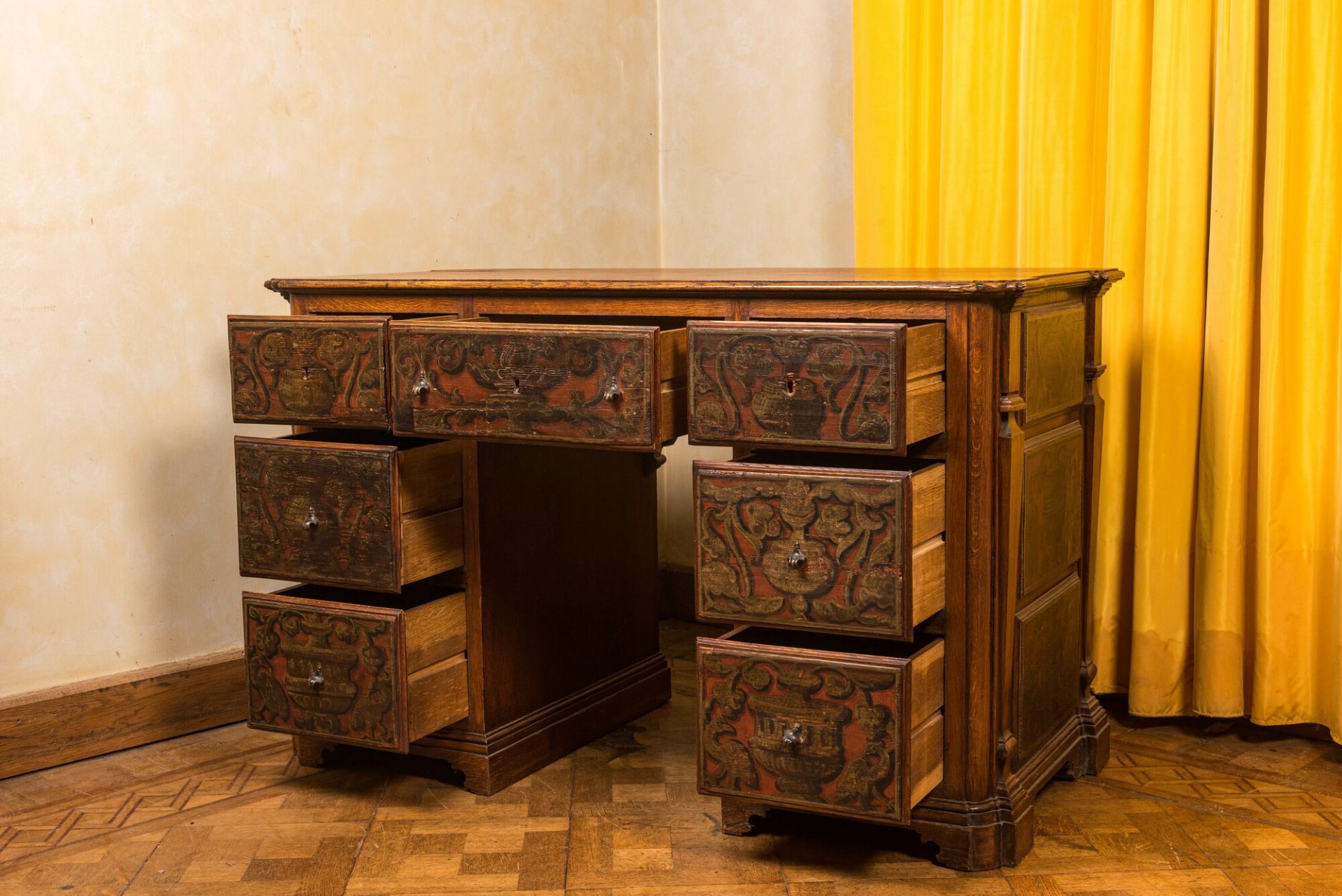 A wooden desk with six drawers with painted panels, 19th C. - Bild 2 aus 5